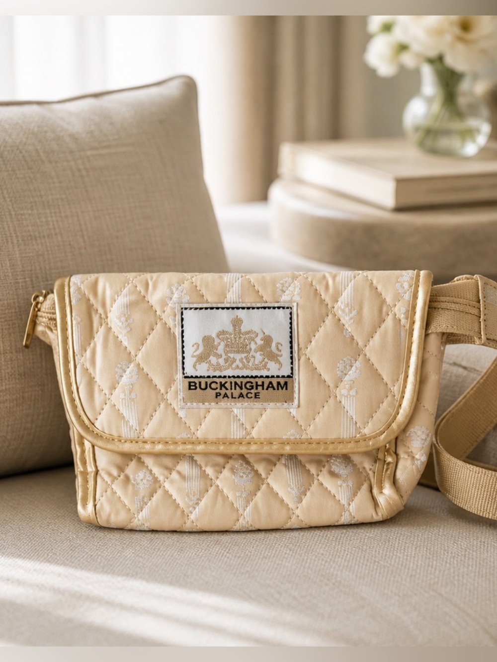 EUC Buckingham Palace Quilted
Cosmetic Bag w/ Mirror
Cream Gold